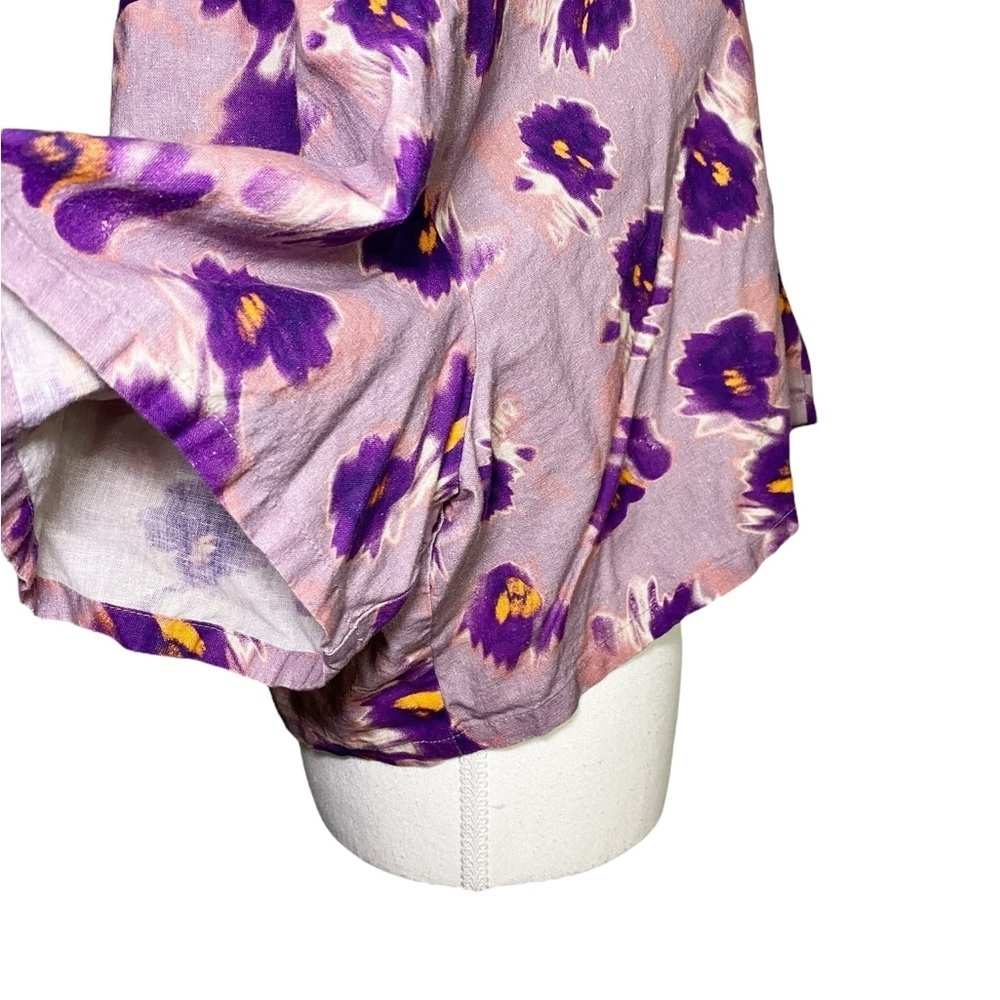 Open Edit Purple Floral Cropped Button Down Short Sleeve Women's Top - Picture 6 of 13